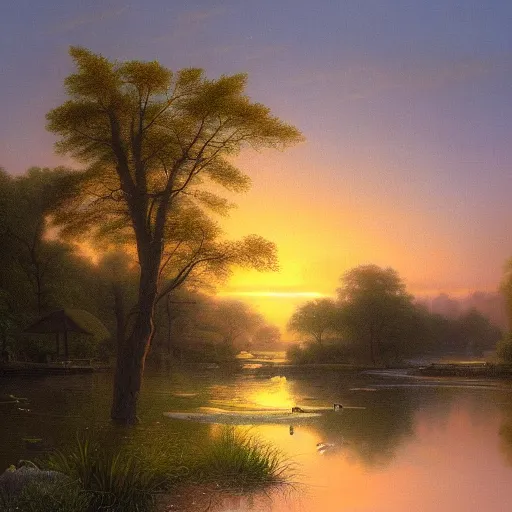 Image similar to a painting of a duck pond at sunset, surrounded by flower bushes, a detailed matte painting by Michael James Smith, deviantart, hudson river school, terragen, trending on artstation