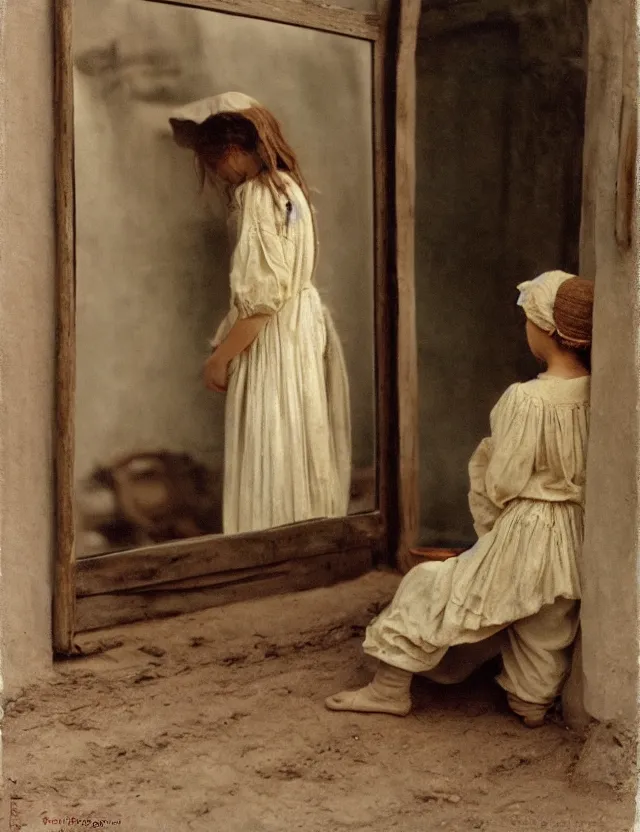 Image similar to peasant girl trying dress in front of a mirror, on a village, Cinematic focus, Polaroid photo, vintage, neutral colors, soft lights, foggy, by Steve Hanks, by Serov Valentin, by lisa yuskavage, by Andrei Tarkovsky 8k render, detailed, oil on canvas