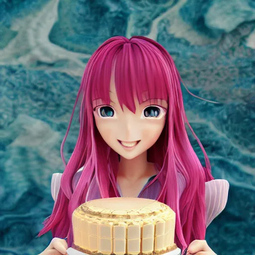 Prompt: Render of a beautiful 3d anime woman holding a birthday cake to show the camera, long light pink hair, full bangs, hazel eyes, cute freckles, full round face, smug smile, Chinese heritage, cute checkerboard sundress, golden hour, serene beach setting, medium shot, mid-shot, hyperdetailed, trending on Artstation, Unreal Engine 4k