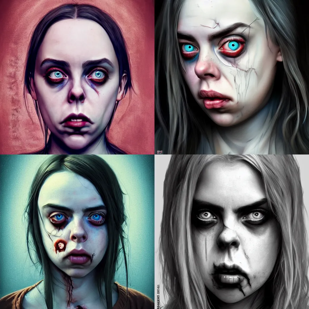 Prompt: gorgeous female Billie Eilish zombie, realistic character concept, medium shot, sarcastic pose, spooky, illustration, horror, symmetrical face and body, realistic eyes, artstation, cinematic lighting, hyperdetailed, detailed realistic symmetrical eyes, cgsociety, 8k, high resolution, Charlie Bowater, Tom Bagshaw, Norman Rockwell, single face, insanely detailed and intricate, beautiful, elegant, graveyard background, vfx, postprocessing