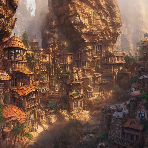 Image similar to an intricate steampunk village in a glorius canyon, morning light, moebius, zeen chin, landscape, cinematic, matte painting, high definition, 8 k, artstation