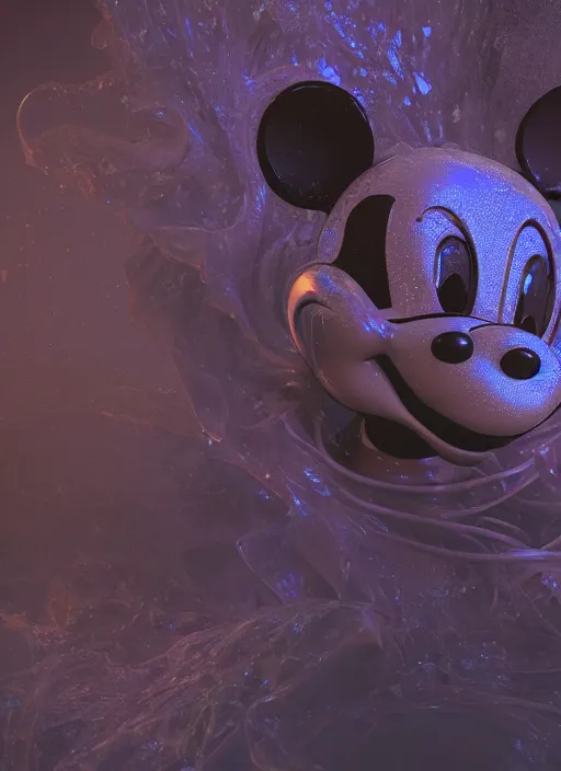 Image similar to mickey mouse head, fractal, broken, wet, mycelium, radiant alien, rococo, baroque, automotive, bio-mechanical, porcelain, iridescent sub surface scattering, octane render