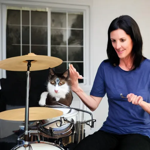 Prompt: tall dark haired woman teaching cats how to play drums