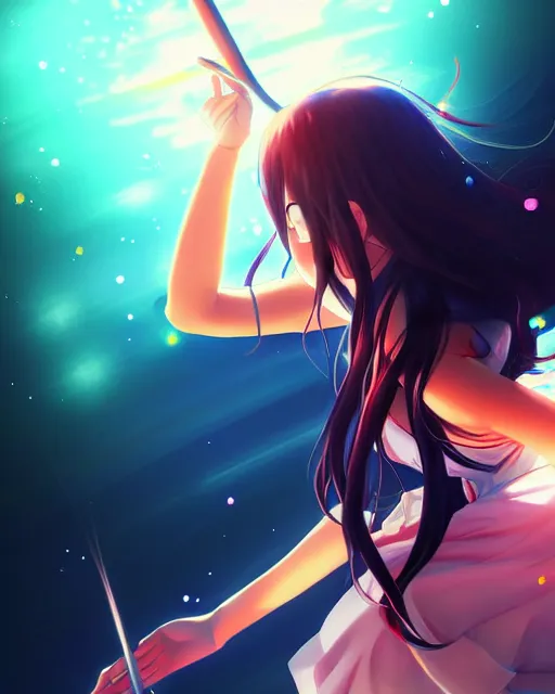 Image similar to anime style, vivid, expressive, full body, 4 k, painting, a cute magical girl with a long wavy black hair, stunning, realistic light and shadow effects, centered, simple background, studio ghibly makoto shinkai yuji yamaguchi