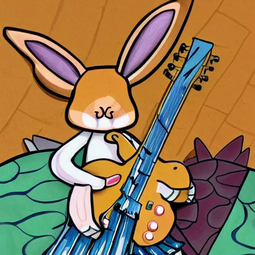 Image similar to a rabbit playing guitar, anime art