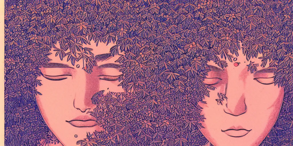 Image similar to risograph grainy drawing protagonist face, pastel colors, with huge piersing, face covered with plants and flowers, by moebius and satisho kon, close - up portrait, perfect blue, paprika