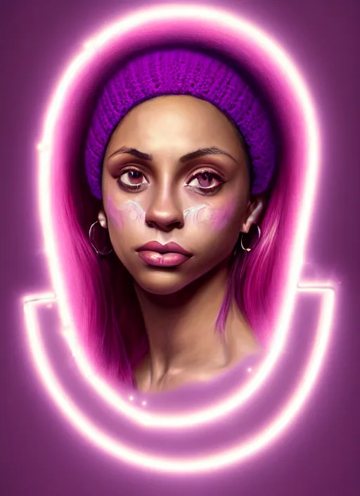 Image similar to portrait of teenage vanessa morgan with bright pink hair, vanessa morgan, curly pixie cut hair, wearing a purple breton cap, breton cap, hoop earrings, intricate, elegant, glowing lights, highly detailed, digital painting, artstation, concept art, smooth, sharp focus, illustration, art by wlop, mars ravelo and greg rutkowski