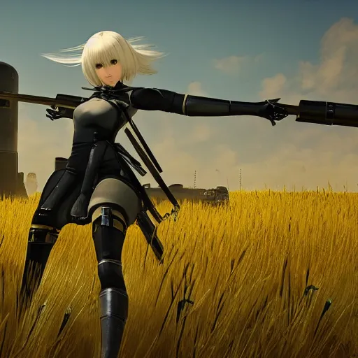 Image similar to a high resolution very detailed image of a 2 wielding a rocket launcher in russian tank boss fight from nier : automata in yellow rye field under pure blue skies