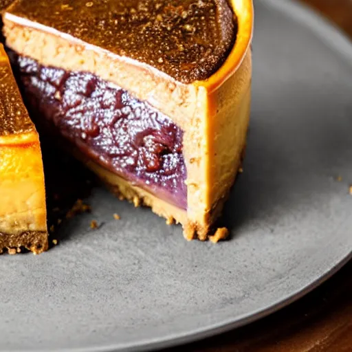 Image similar to close view of a delicious sweet and perfect eggplant cheesecake piece, award winning, 4 k, beautiful