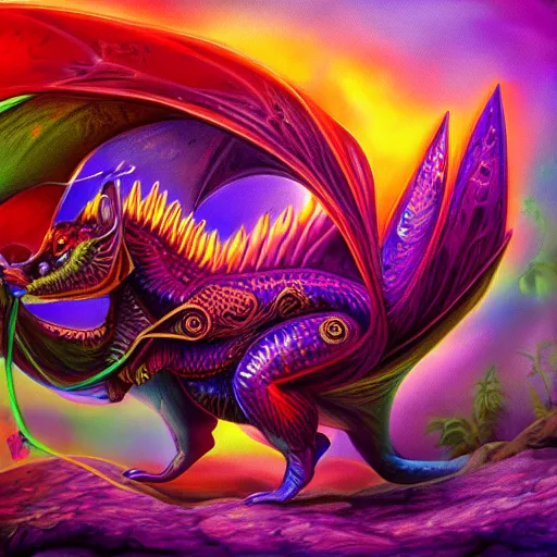 Image similar to an oilpainting of a psychedelic hamster dragon hybrid, hd, artstation, digital art, 4k, 8k