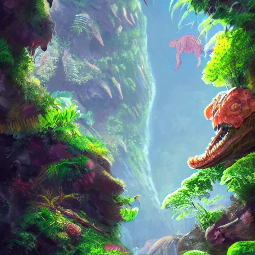 Prompt: Canyon in the jungle with corals and dinosaur dkeletons, 8k, detailed, concept art, trending on artstation