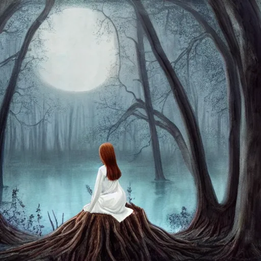 Image similar to a painting of a girl in a white dress sitting on the roots of a gigantic ancient tree next to a pond, surrounded by a towering dark forest, the moon can be glimpsed through the trees and is veiled by fog, midnight, dark fantasy, fantasy forest, spooky forest