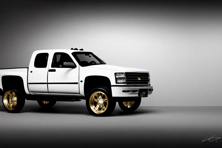 Prompt: closeup fully stock side photo of 2 0 0 2 white single cab 2 door long bed silverado truck on a reflective black floor, hyper detailed, smooth, high contrast, volumetric lighting, golden ratio, octane, jim lee, giorgetto giugiaro, craig mullins, chris bangle, ian callum!, vibrant rich deep color