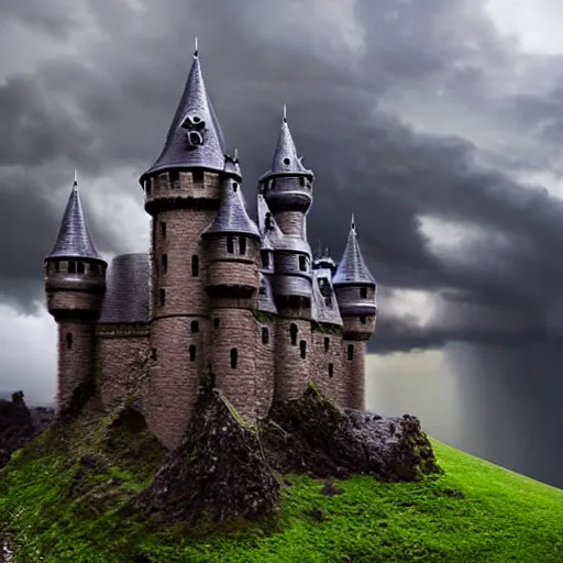 Image similar to dark stormy towering castle with lots of turrets on a cliff, thunder and lightning, atmospheric fantasy