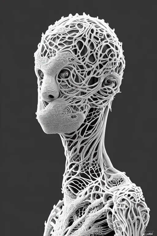 Image similar to bw 3 d render, hyper detailed, stunning beautiful biomechanical albino maniac cyborg with a porcelain profile face, beautiful natural soft rim light, big leaves and stems, roots, fine foliage lace, alexander mcqueen, studio ghibli, herge, art nouveau fashion embroidered, steampunk, silver filigree details, hexagonal mesh wire, mandelbrot fractal, 8 k