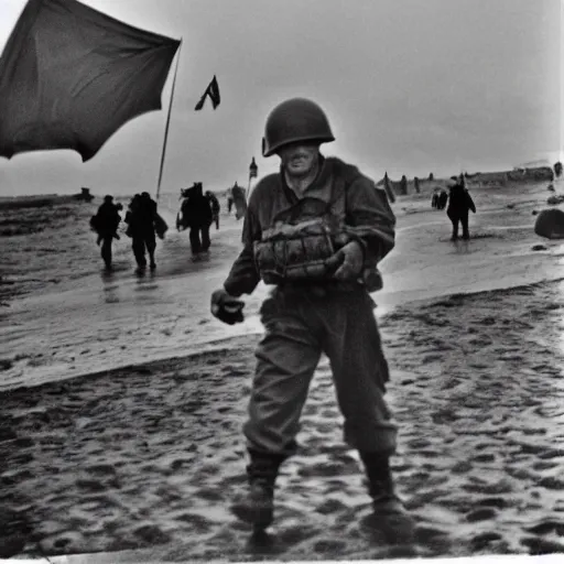 Prompt: Elmo storming the beach of Normandy in 1944, D-Day, black and white photo, grainy
