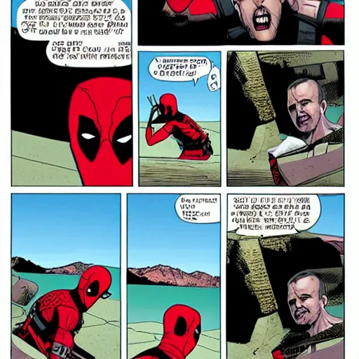 Image similar to deadpool sticking his head out of empty drained lake mead, with the words lake mead written across the top, in comic book style