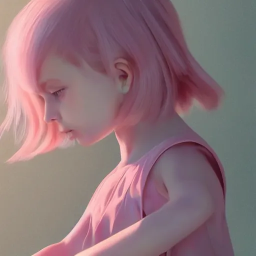 Image similar to little girl wearing an dress made of baby pink feathers, art by ilya kuvshinov, 8 k, concept art, gracious, realistic cgi