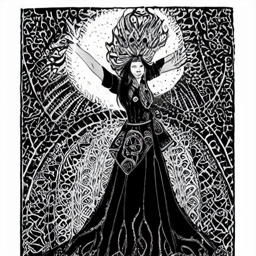 Image similar to black and white pen and ink!!!!!!! Suprani!!!!! sorcerer beautiful attractive long hair Anya Taylor-Joy wearing High Royal flower print robes flaming!!!! final form flowing ritual royal!!! Contemplative stance Vagabond!!!!!!!! floating magic witch!!!! glides through a beautiful!!!!!!! Camellia!!!! Tsubaki!!! death-flower!!!! battlefield behind!!!! dramatic esoteric!!!!!! Long hair flowing dancing illustrated in high detail!!!!!!!! by Hiroya Oku!!!!!!!!! graphic novel published on 2049 award winning!!!! full body portrait!!!!! action exposition manga panel black and white Shonen Jump issue by David Lynch eraserhead and beautiful line art Hirohiko Araki!! Frank Miller, Kentaro Miura!, Jojo's Bizzare Adventure!!!! 3 sequential art golden ratio technical perspective panels horizontal per page