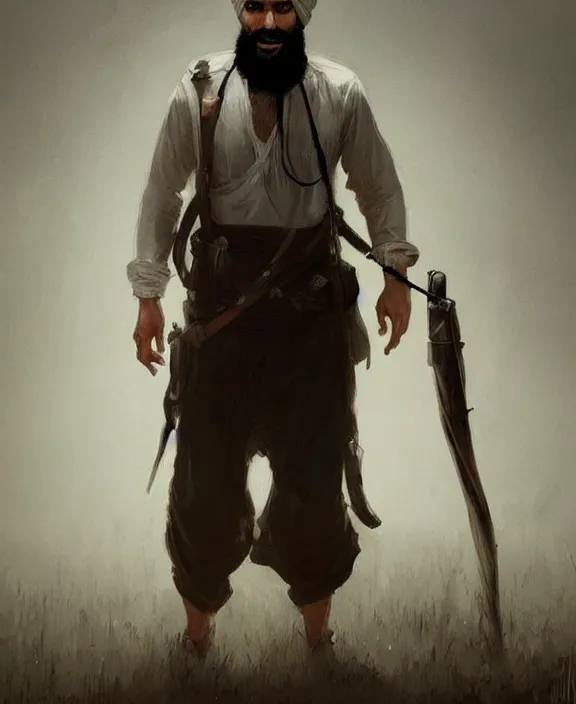 Image similar to Arabic Hunter in Hunt Showdown, posing, turban, white shirt, 1890s pants, quality lighting, dark colors, maximalism, ultra facial detail, Tooth Wu Artgerm Greg Rutkowski artstation deviantart, 8k, fanart, extreme aesthetic