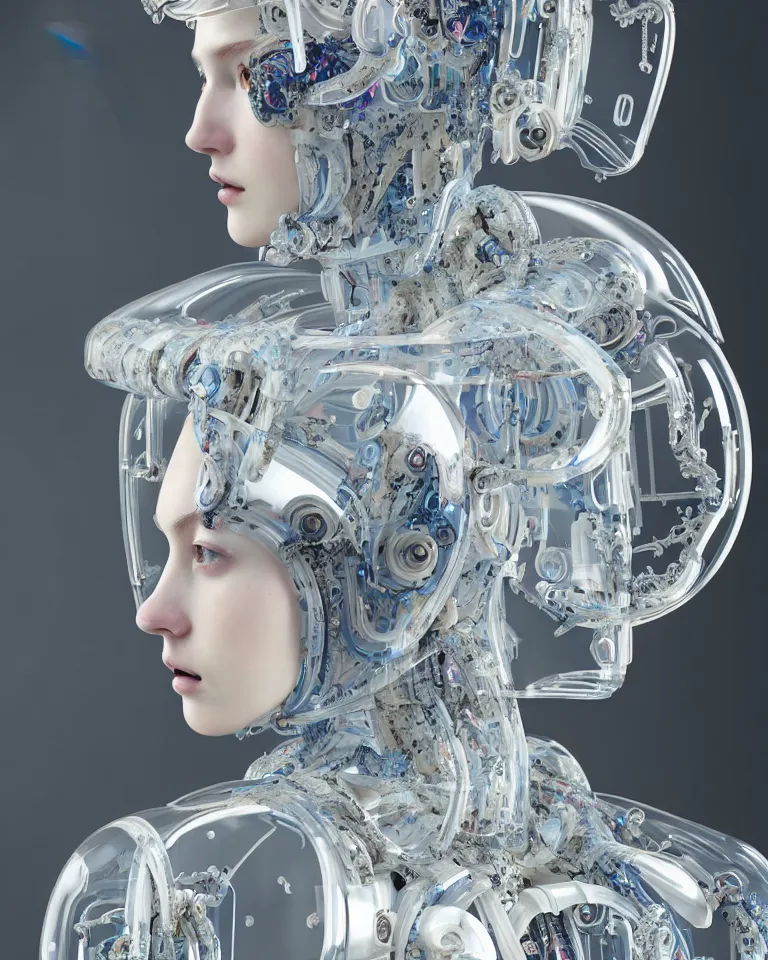 Image similar to beautiful cybernetic baroque robot, beautiful baroque porcelain face + body is clear plastic, inside organic robotic tubes and parts, symmetric, front facing, wearing translucent baroque rain - jacket + symmetrical composition + intricate details, hyperrealism, wet, reflections + by alfonse mucha and moebius, no blur dof bokeh