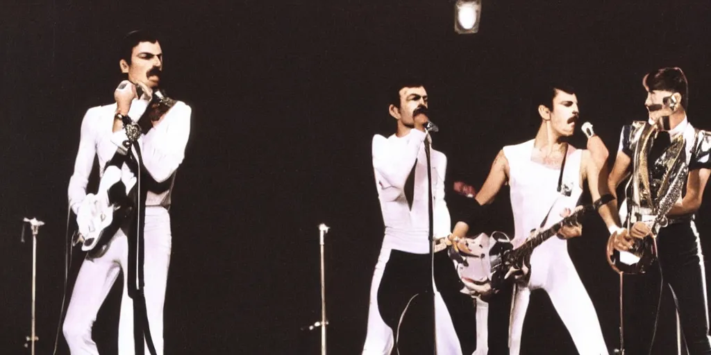 Image similar to freddie mercury and david bowie perform together on stage at a music festival