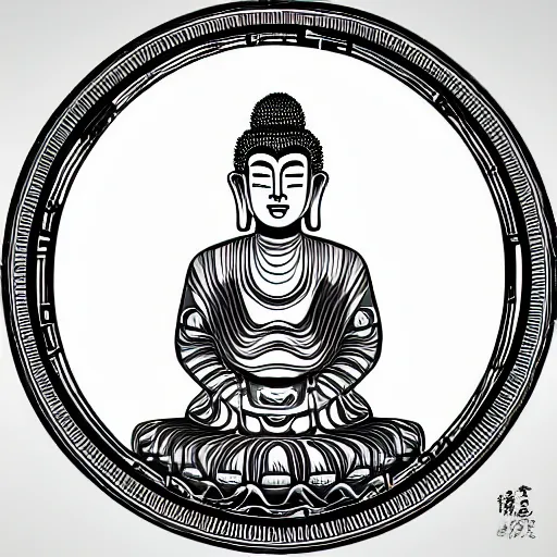 Prompt: 2 d techno buddha in front of concentric geometric radial sun portal with ancient wuji symbols embedded within it, fine lines, sci fi, artstation, yoshitaka amano