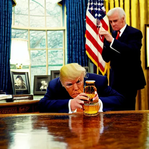 Image similar to Donal Trump drinking out of a bottle of whiskey, Oval Office, newspaper picture, realistic, close-up, pulitzer-prized photo, by Steve McCurry