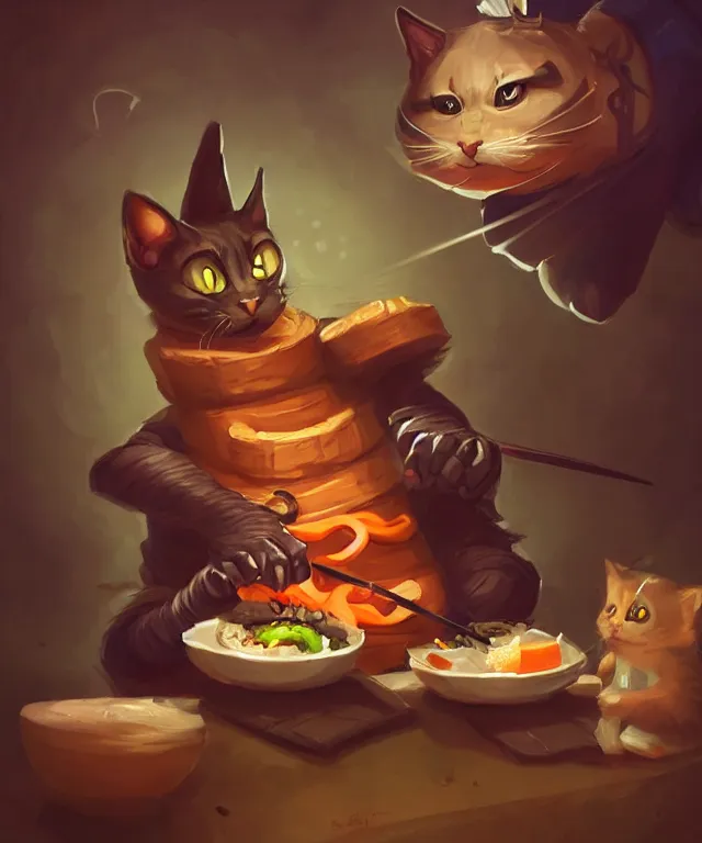 Image similar to a portrait of an anthropomorphic ninja cat eating sushi,, standing in a restaurant, cute and adorable, dnd character art portrait, well rendered matte fantasy painting, deviantart artstation, by jason felix by steve argyle by tyler jacobson by peter mohrbacher, cinematic lighting