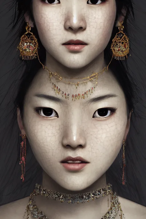 Image similar to beautiful very detailed portrait of Marin Kitagawa with lots of jewelry in the face, full body, in the background there is a minimalistic palace, digital art , dramatic cinematic lighting rendered by octane, 8k, detailed, intricate, clean and textures, trending on artstation, treanding on deviantart, trending on cgsociety, pinterest, by Lauren Brevner + FRANS SMIT