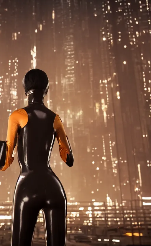 Prompt: a beautiful Black woman wearing a leather catsuit, standing with her back to us, in a futuristic blade runner city, unreal engine, art stations, 8k