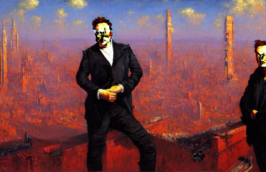 Image similar to portrait of elon musk!!!!!!!!!!!!!!!!!!!!!!!!!!!, detailed face, detailed painting, detailed city background, epic lighting, by ilya repin and phil hale