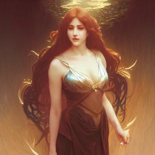 Image similar to maiden on the river styx, intricate, elegant, highly detailed, digital painting, artstation, concept art, smooth, sharp focus, illustration, art by artgerm and greg rutkowski and alphonse mucha and william - adolphe bouguereau