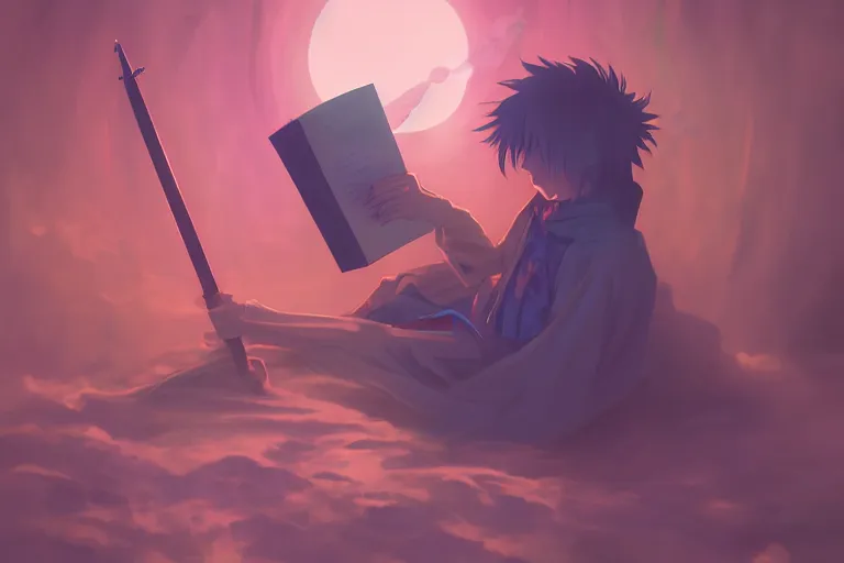 Prompt: an anime wizard with a sword reading a book on a cloud relaxing, misty, glows, digital art, hazy, foggy, ambient lighting, 8 k, neon, synthwave,