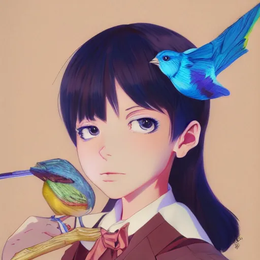 Prompt: colored pencil, anime art, beautiful full body female pinup girl, holding an indigo bunting bird, the bird is wearing a bowtie, wlop, rossdraws sakimimichan, ilya kuvshinov, krenz cushart, greg rutkowski