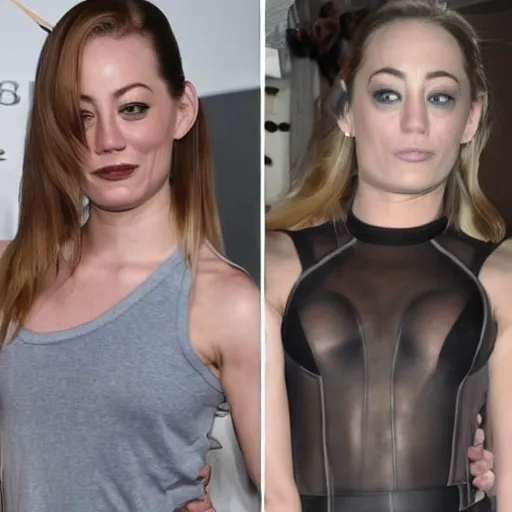 Image similar to a woman who is a genetic combination of jean claude van damme and emma stone and kaley cuoco and karen - delaney and ariana grande, body - face detail, focus on hands, arms, thighs, chest, full figure