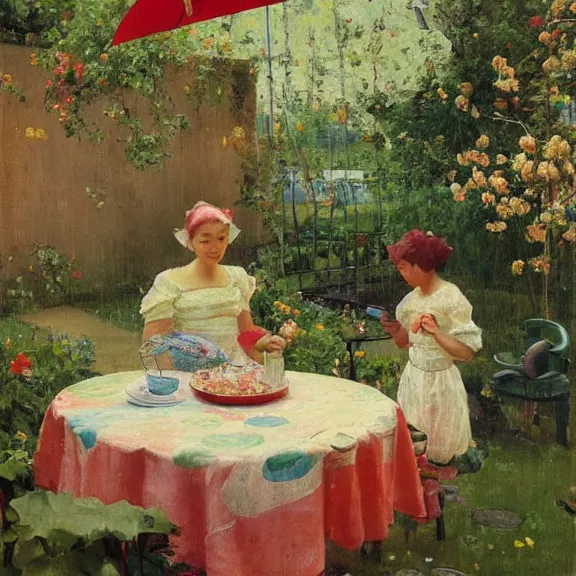 Image similar to a housewife and her daughter putting dishes on a table in the backyard, a tilted parasol sits above the table, a garden with colorful flowers in the background, rainy scene, 1 9 5 0's, medium symmetry, by ilya repin, extreme detail, 8 k, intricate abstract, photorealistic