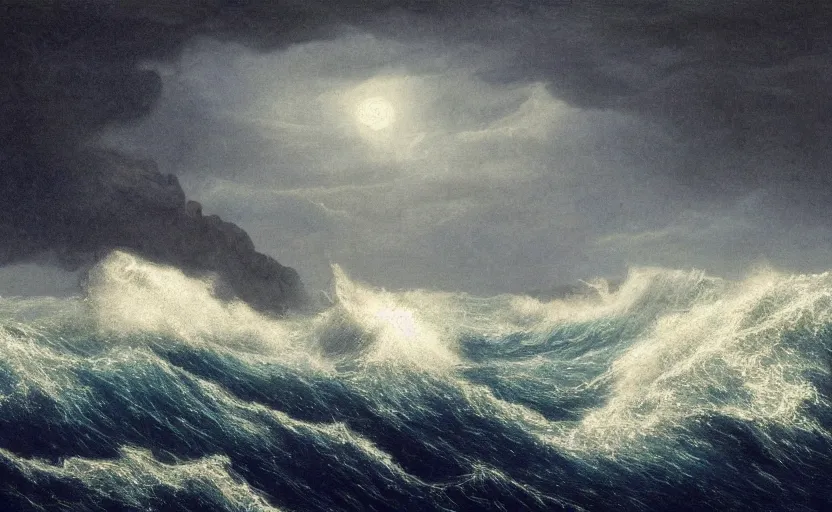 Image similar to middle of the ocean, large waves, no land, dark skies, close up shot, at dusk, 4k, rule of thirds, extreme detail, hazy, intricate ink illustration, surreal, surrealist, trending on artstation, cgsociety, hd, complimentary colours, realistic lighting, by Albert Bierstadt, Frederic Edwin Church.