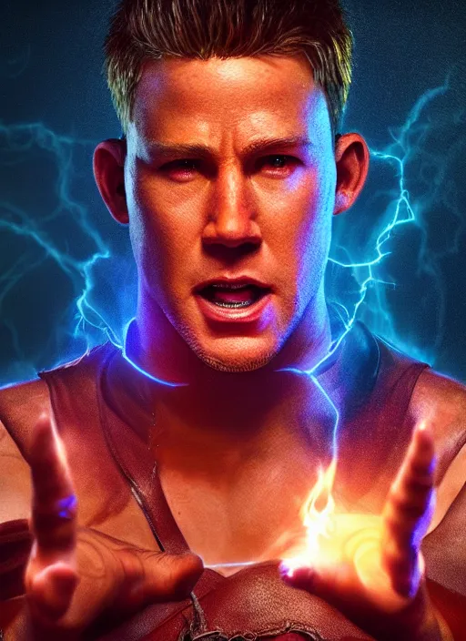 Prompt: A fantasy comic book style portrait painting of a Channing Tatum as a godlike Sorcerer casting a fire spell, unreal 5, DAZ, hyperrealistic, octane render, RPG portrait, ambient light, dynamic lighting