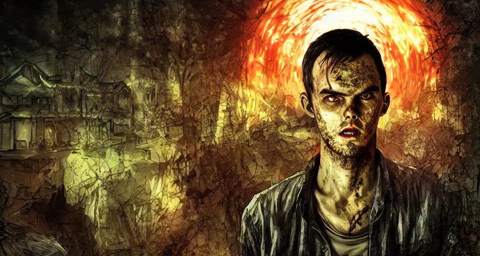 Prompt: angry zombie portrait of nicholas hoult, grimdark horror, urban background setting, stylized digital illustration, radiating a glowing aura, global illumination, ray tracing, hdr, fanart arstation by ian pesty and katarzyna bek - chmiel