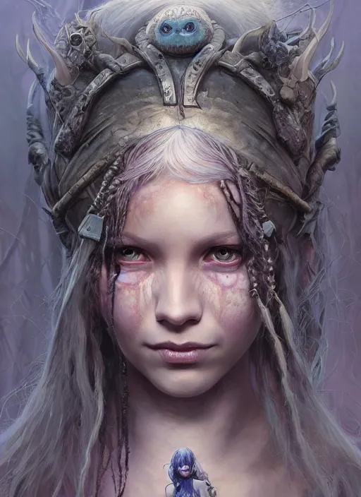 Image similar to fantasy changeling girl with blonde dreadlocks revealing her true nature, evile eyes, dim light, front game card, marvel comics, dark, intricate, highly detailed, smooth, artstation, digital illustration by ruan jia and mandy jurgens and artgerm and wayne barlowe and greg rutkowski and zdislav beksinski