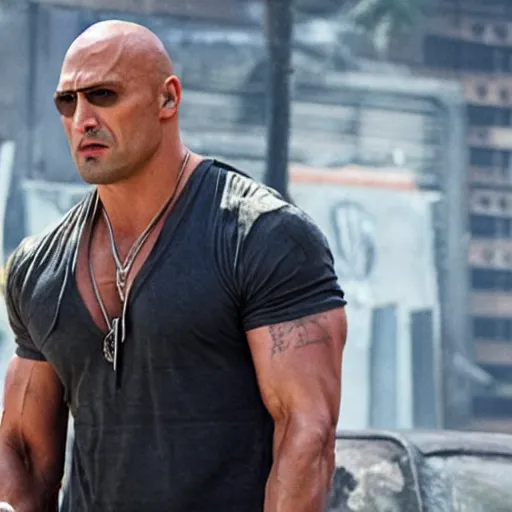 Prompt: film still of jason mamoa as the rock in fast and furious