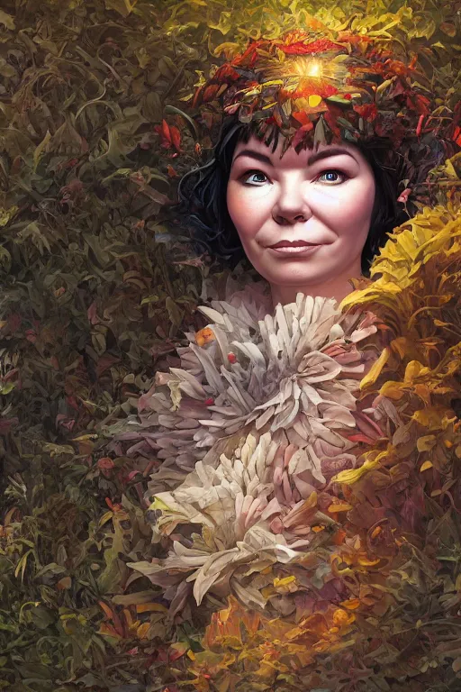 Image similar to bjork portrait by hubert robert and lee madgwick and roger dean and jacek yerka, dan mumford and alex grey style, soft lighting, 4 k hd wallpaper illustration concept joy atmospheric lighting