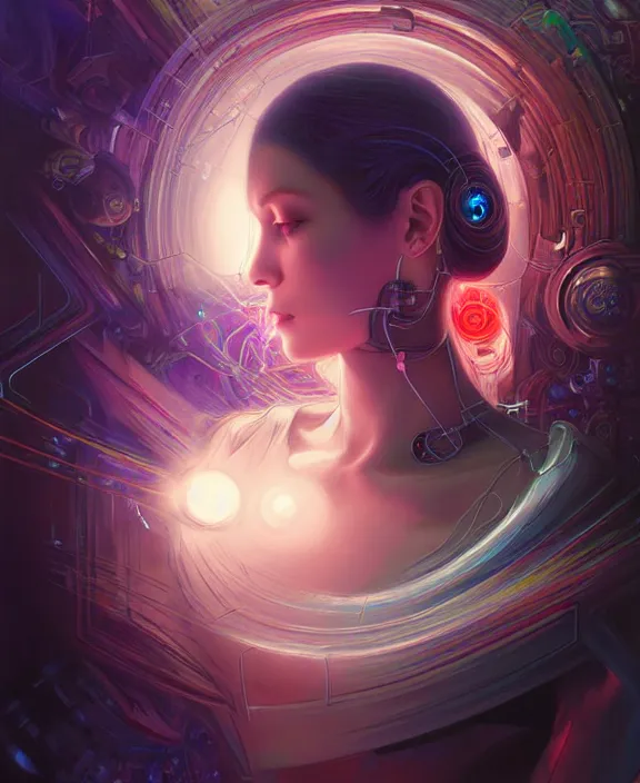 Image similar to a whirlwind of souls rushing inside the metaverse, hologram, half body, neurochip, shaved temple, piercing, jewelry, android, cyborg, cyberpunk face, by loish, d & d, fantasy, intricate, elegant, highly detailed, colorful, digital painting, artstation, concept art, art by artgerm and greg rutkowski and alphonse mucha