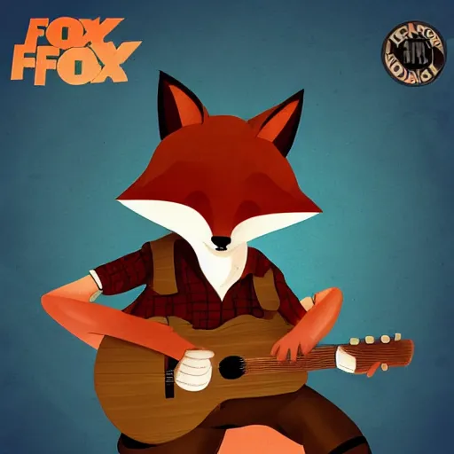 Prompt: a fox animal, wearing cowboy hat, wearing plaid shirt, playing guitar, inside a barn, album cover style, artstation