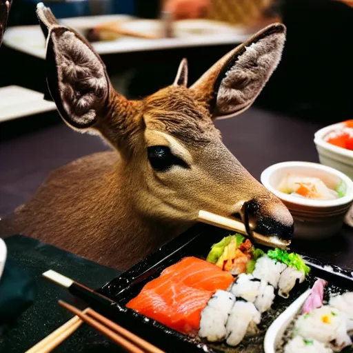Prompt: photograph of a deer eating sushi