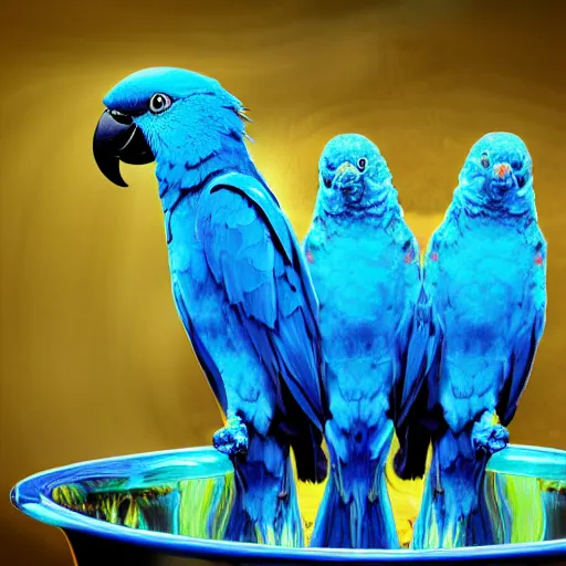 Image similar to blue parrots emerging from fluids mixing, atmospheric liquids, ornate intricate, hyper realistic, 16k, post processing, saturated blue colors, nature background