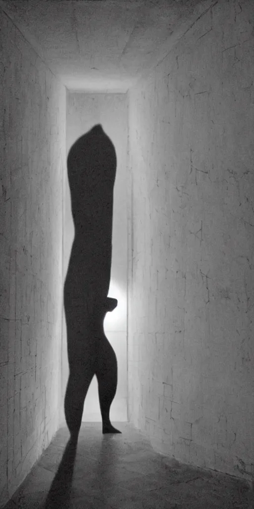 Prompt: a wretched figure at the end of a long hallway reaches out from the darkness, backlit, moonlight,
