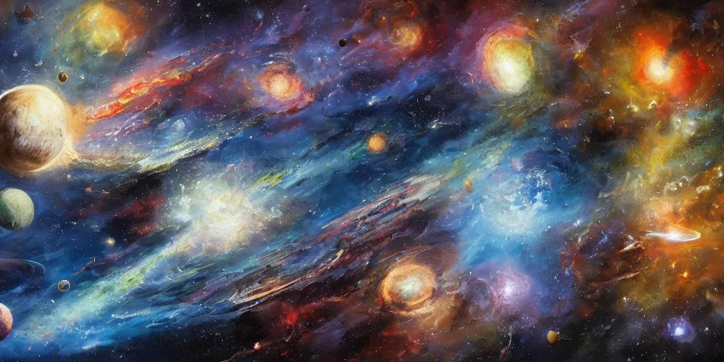 Image similar to A highly detailed, very colorful, matte oil painting of outer space, with lots of planets, stars, galaxies, and nebulas, by Greg Rutkowski and Afremov