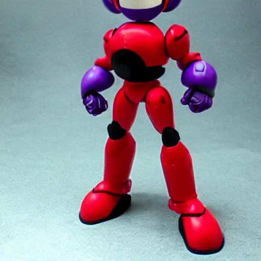 Image similar to evil megaman grinning, red eyes and purple armour